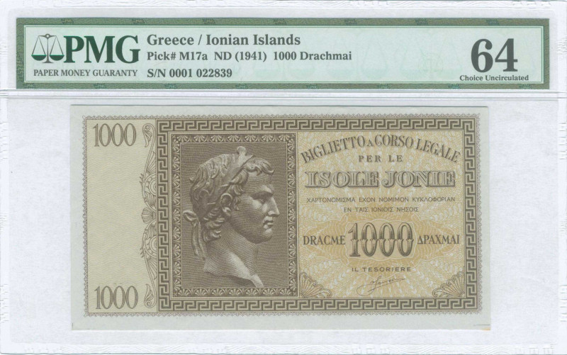 GREECE: 1000 Drachmas (ND 1942) in dark brown on light brown unpt with Augustus ...