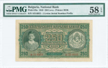 GREECE: 250 Leva (1943) in dark green and green on brown unpt with portrait of young King Simeon II at left and Arms at right. S/N: "A214033". Printed...