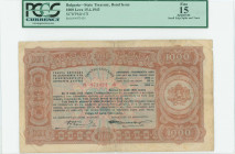 GREECE: 1000 Leva (15.6.1943) state treasury bond in brownish orange on multicolor unpt with Coat of Arms at right. S/N: "A 973424". Printed by State ...