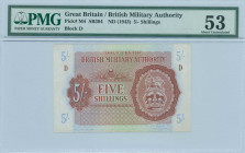 GREECE: 5 Shilings (ND 1943 - 1945) in brown on blue and green unpt with Coat of Arms of the British army at right. Block "D". Printed by Bank of Engl...