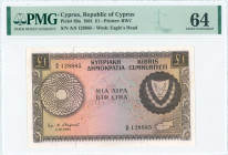 GREECE: 1 Pound (1.12.1961) in brown on multicolor with Arms at right and map of Cyprus at lower right. S/N: "A/8 128885". WMK: Eagles head. Printed b...