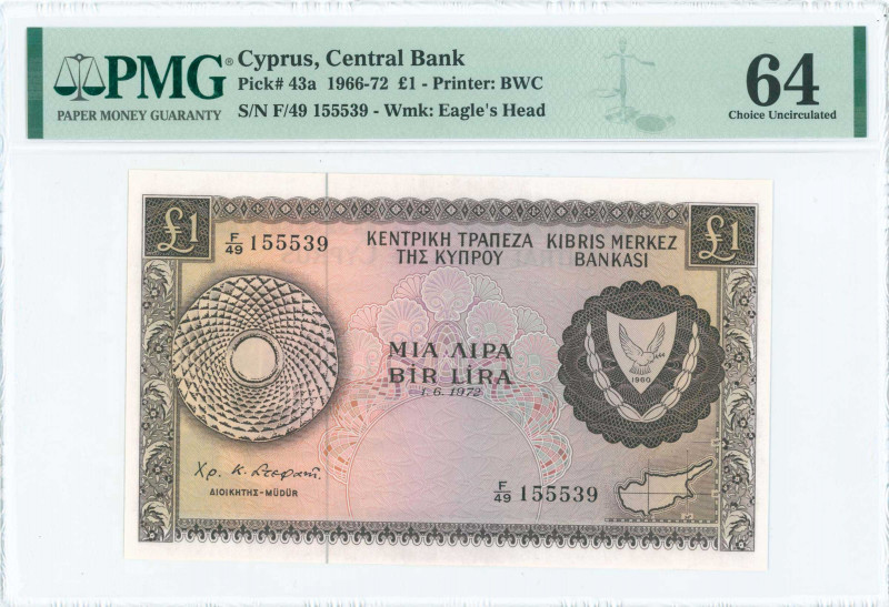 GREECE: 1 Pound (1.6.1972) in brown on multicolor unpt with Arms at right and ma...