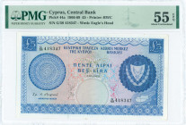 GREECE: 5 Pounds (1.12.1969) in blue on multicolor unpt with Arms at right and map at lower right. S/N: "G/58 418347". WMK: Eagless Head. Printed by B...