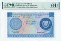 GREECE: 5 Pounds (1.11.1972) in blue on multicolor unpt with Arms at right and map of Cyprus at lower right. S/N: "J/88 481894". WMK: Eagless Head. Pr...
