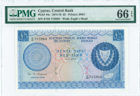 GREECE: 5 Pounds (1.8.1976) in blue on multicolor unpt with Arms at right and map of Cyprus at lower right. S/N: "S/181 715964". WMK: Eagless head. Pr...