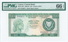 GREECE: 10 Pounds (1.7.1980) in dark green and blue-black on multicolor unpt with archaic bust at left and Arms at right. S/N: "F 453675". WMK: Mouffl...