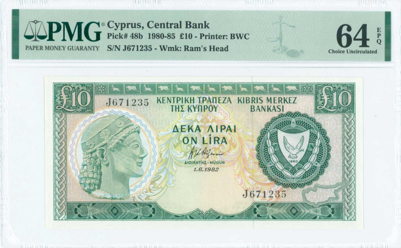 GREECE: 10 Pounds (1.6.1982) in dark green and blue-black on multicolor unpt wit...