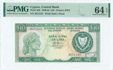 GREECE: 10 Pounds (1.6.1982) in dark green and blue-black on multicolor unpt with archaic bust at left and Arms at right. S/N: "J 671235". WMK: Mouffl...