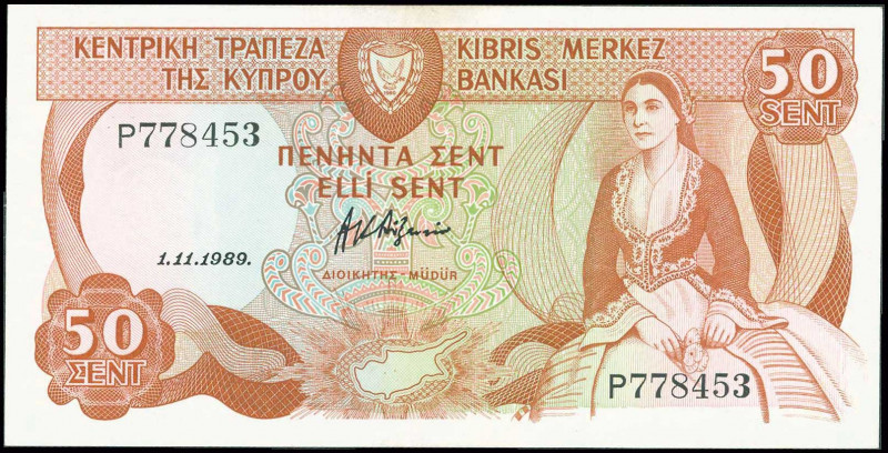 GREECE: 50 Cents (1.11.1989) in brown and multicolor with woman seated at right....