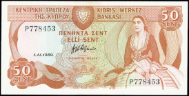 GREECE: 50 Cents (1.11.1989) in brown and multicolor with woman seated at right. S/N: "P778453". WMK: Moufflons head. Printed by BABN (without imprint...