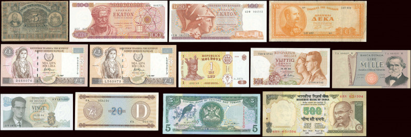 GREECE: Lot of 13 banknotes from 8 different countries. 5 Drachmas (1.3.1908), 1...