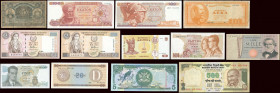 GREECE: Lot of 13 banknotes from 8 different countries. 5 Drachmas (1.3.1908), 100 Drachmas (1.10.1967), 100 Drachmas (8.12.1978) & 10 Drachmas (15.5....