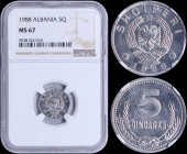 ALBANIA: 5 Qindarka (1988) in aluminum with national Arms and date below. Value between wheat on reverse. Inside slab by NGC "MS 67". Unique graded in...