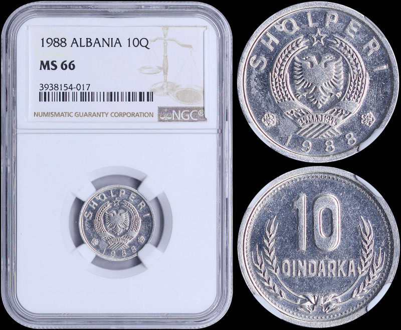 ALBANIA: 10 Qindarka (1988) in aluminum with national Arms and date below. Value...