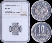 ALBANIA: 10 Qindarka (1988) in aluminum with national Arms and date below. Value between wheat on reverse. Inside slab by NGC "MS 66". (KM 60).