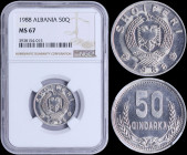 ALBANIA: 50 Qindarka (1988) in aluminum with national Arms and date below. Value between wheat on reverse. Inside slab by NGC "MS 67". Unique graded. ...