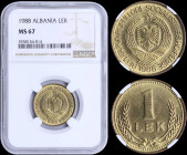 ALBANIA: 1 Lek (1988) in aluminum-bronze with national Arms and date below. Value between wheat inside beaded circle on reverse. Inside slab by NGC "M...