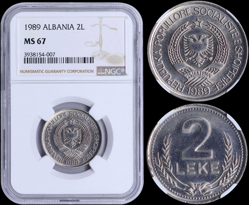 ALBANIA: 2 Leke (1988) in copper-nickel with national Arms and date below. Value...