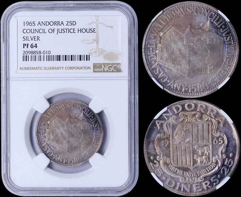 ANDORRA: 25 Diners (1965) in silver (0,900) with national Arms. House of Council...