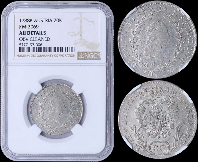 AUSTRIA: 20 Kreuzer (1788 B) in silver (0,583) with bust of Joseph II facing rig...