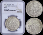 AUSTRIA: 100 Schilling (1977) in silver (0,640) commemorating the 500th Anniversary of the Hall Mint with value and three rows of shields within circl...