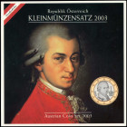AUSTRIA: Euro coin set (2003) composed of 1 Cent to 2 Euro. Inside official blister commemorating Mozart. (KM MS12). Brilliant Uncirculated.