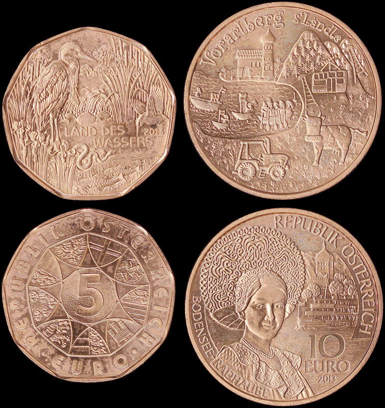 AUSTRIA: 5 Euro (2013) in copper commemorating the Land of Water + 10 Euro (2013...