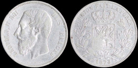 BELGIUM: 5 Francs (1873) in silver (0,900) with head of Leopold II facing left. Crowned Arms on ornate shield divide denomination on reverse. Variety:...