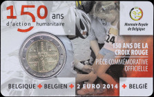 BELGIUM: 2 Euro (2014) bi-metallic commemorating the 150th Anniversary of the Red Cross in Belgium. Inside official coincard. Variety: Edge script "2*...