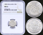 BULGARIA: 50 Stotinki (1883) in silver (0,835) with crowned and mantled Arms with supporters. Denomination within wreath. Inside slab by NGC "MS 61". ...