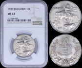 BULGARIA: 10 Leva (1930) in copper-nickel with figure on horseback and animals below. Denomination above date within wreath. Inside slab by NGC "MS 63...