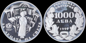 BULGARIA: 1000 Leva (1997) in silver (0,925) commemorating UNICEF. Denomination above date within wreath. Singing child and UNICEF logo on reverse. Mi...