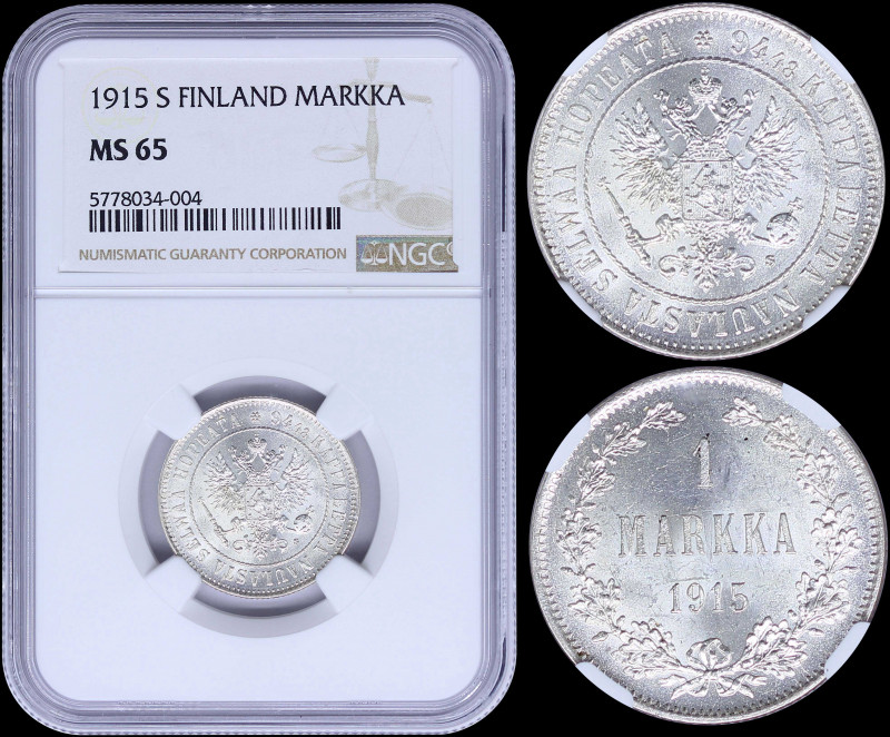 FINLAND: 1 Markka (1915 S) in silver (0,868) with crowned imperial double-headed...