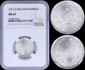 FINLAND: 1 Markka (1915 S) in silver (0,868) with crowned imperial double-headed eagle holding orb and scepter. Denomination and date within wreath on...