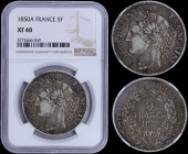 FRANCE: 5 Francs (1850 A) in silver (0,900) with Libertys head facing left. Denomination within wreath on reverse. Inside slab by NGC "XF 40". (KM 761...