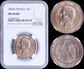 FRANCE: 10 Centimes (1854 A) in bronze with head of Napoleon III facing left. Eagle on reverse. Inside slab by NGC "MS 64 RB". (KM 771.1).