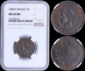 FRANCE: 5 Centimes (1886 A) in bronze with laureate head of Liberty facing left. Denomination within wreath on reverse. Inside slab by NGC "MS 63 BN"....