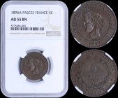 FRANCE: 5 Centimes (1896 A) in bronze with laureate head of Liberty facing left. Denomination within wreath on reverse. Inside slab by NGC "AU 55 BN"....