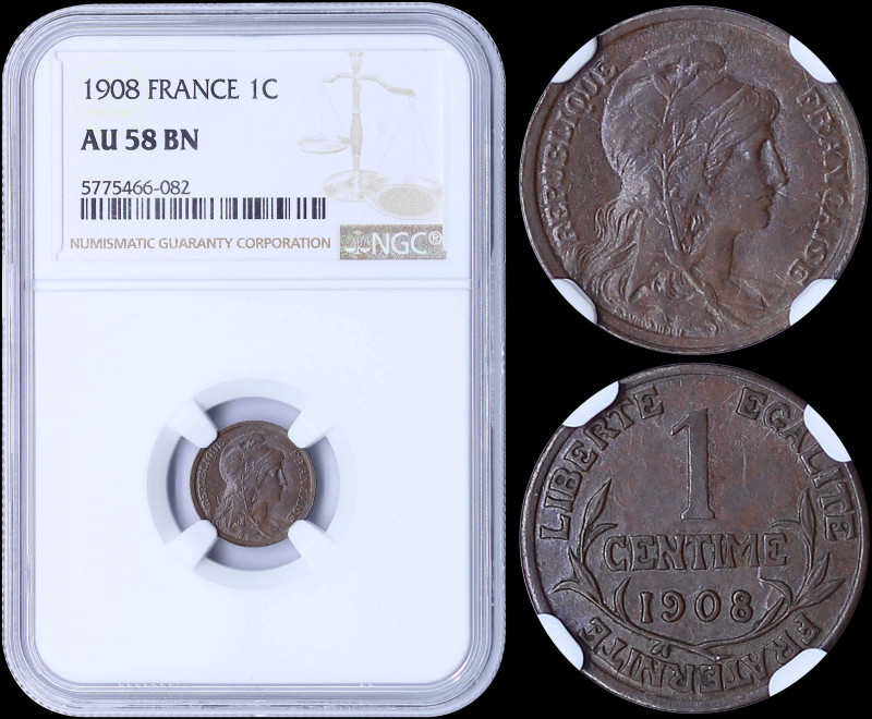 FRANCE: 1 Centime (1908) in bronze with head of Liberty facing right. Denominati...