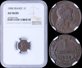 FRANCE: 1 Centime (1908) in bronze with head of Liberty facing right. Denomination above date within wreath on reverse. Inside slab by NGC "AU 58 BN"....