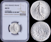 FRANCE: 1 Franc (1912) in silver (0,835) with figure sowing seed. Leafy branch divides date and denomination on reverse. Inside slab by NGC "AU 53". (...