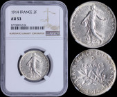 FRANCE: 2 Francs (1914) in silver (0,835) with figure sowing seed. Leafy branch divides date and denomination on reverse. Inside slab by NGC "AU 53". ...