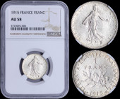 FRANCE: 1 Franc (1915) in silver (0,835) with figure sowing seed. Leafy branch divides date and denomination on reverse. Inside slab by NGC "AU 58". (...