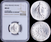 FRANCE: 1 Franc (1916) in silver (0,835) with figure sowing seed. Leafy branch divides date and denomination on reverse. Inside slab by NGC "MS 62". (...