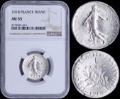 FRANCE: 1 Franc (1918) in silver (0,835) with figure sowing seed. Leafy branch divides date and denomination on reverse. Inside slab by NGC "AU 53". (...