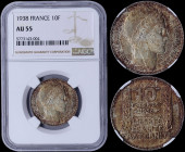 FRANCE: 10 Francs (1938) in silver (0,680) with laureate head of Liberty facing right. Denomination above date, inscription below and grain columns fl...