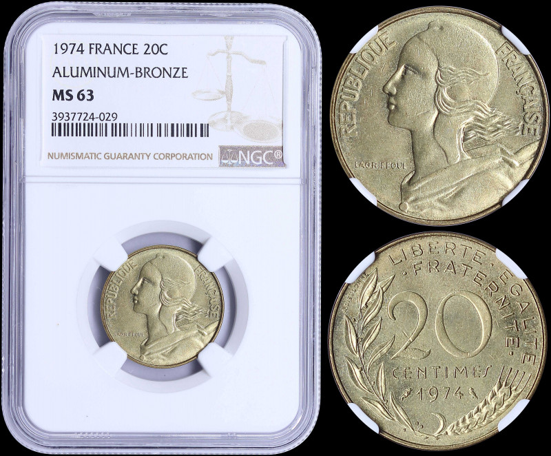 FRANCE: 20 Centimes (1974) in aluminum-bronze with bust of Liberty facing left. ...