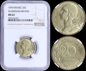 FRANCE: 20 Centimes (1974) in aluminum-bronze with bust of Liberty facing left. Denomination above date, grain sprig below and laurel branch at left o...