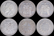 FRANCE: Lot of 3 coins composed of 5 Francs (1868 A), 5 Francs (1874 A) and 5 Francs (1876 A) in silver. All coins are cleaned. (KM 799.1 + 820.1 + 82...