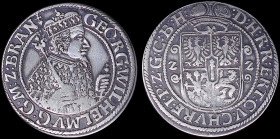 GERMAN STATES / BRANDENBURG: 1/4 Thaler (1622) in silver with Georg Wilhelm in electoral robe. Crowned Spanish shield of 4-fold Arms on reverse. (KM 8...